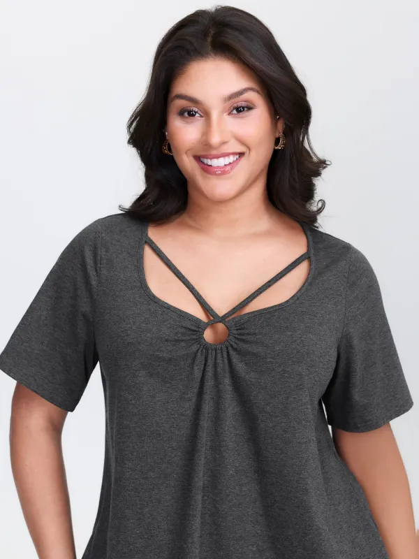 Supersoft Cut-Out Neck Solid T-Shirt sold by Bloomchic