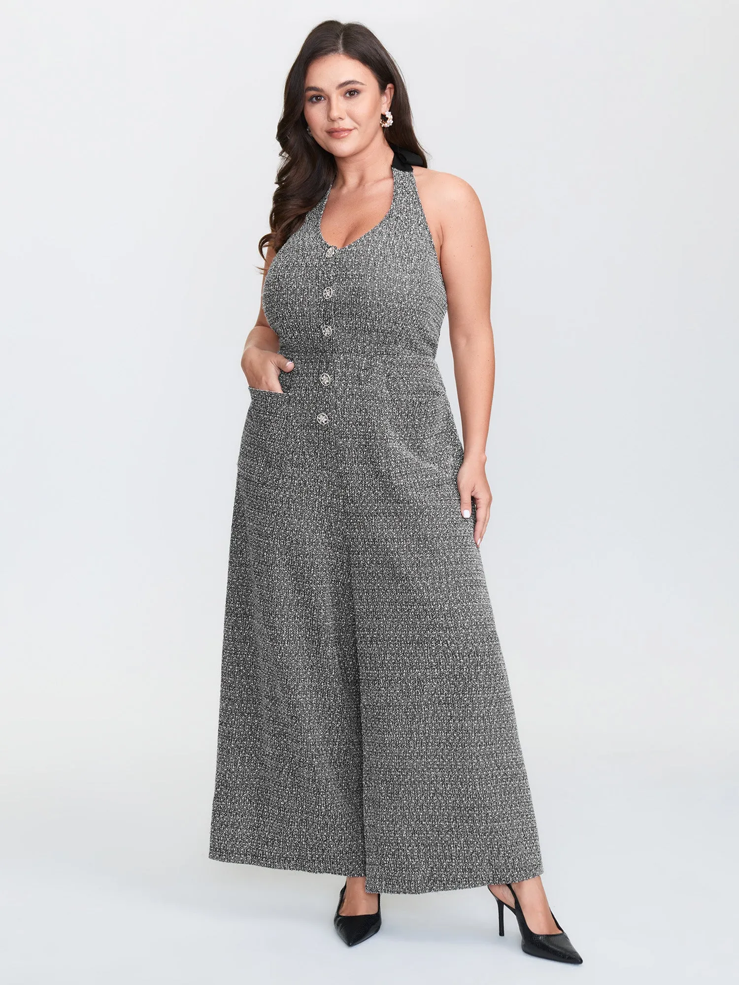 Tweed Backless Halter Neck Stretchy Waist Jumpsuit sold by Bloomchic