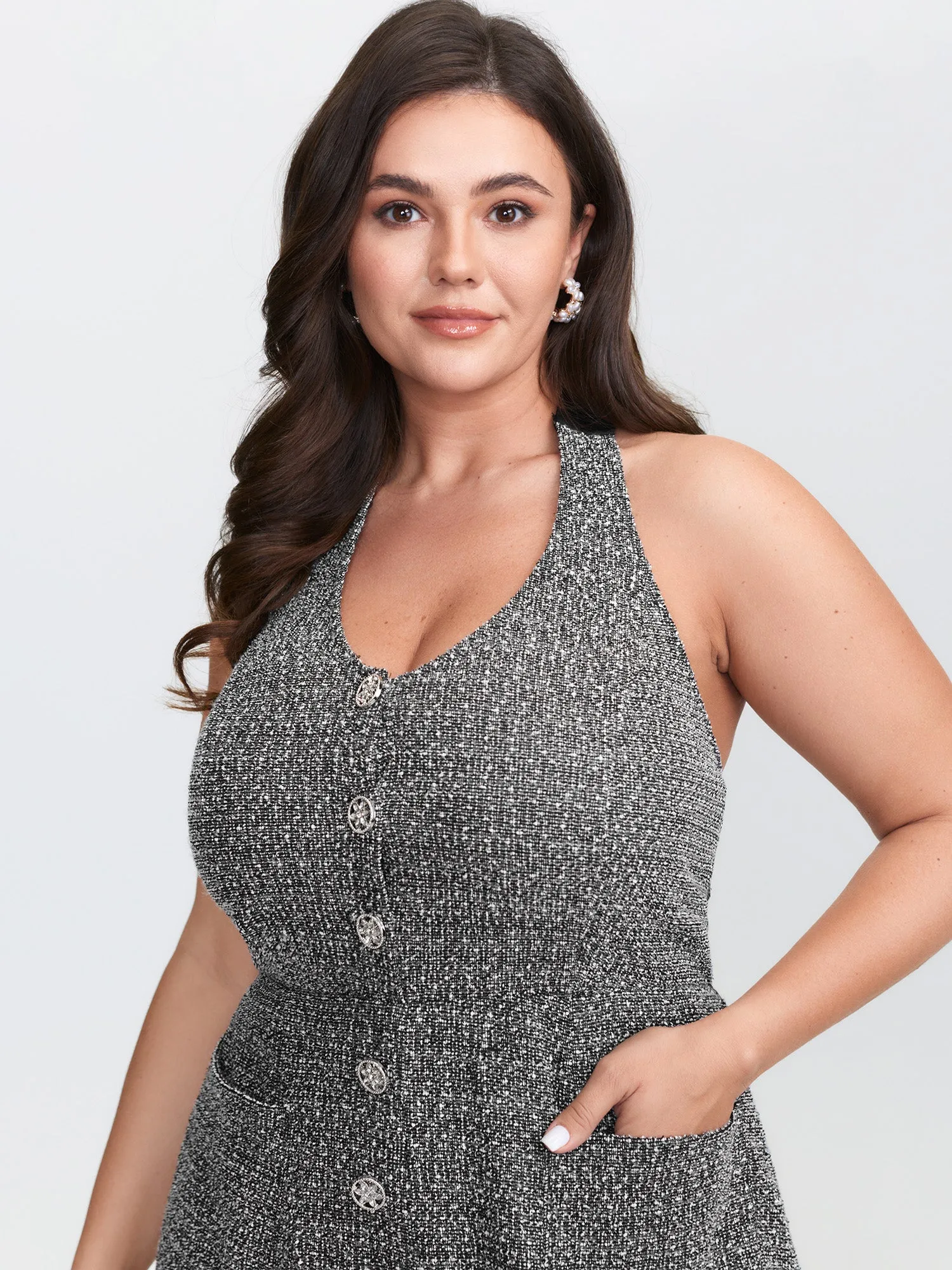 Tweed Backless Halter Neck Stretchy Waist Jumpsuit sold by Bloomchic product image thumbnail 3