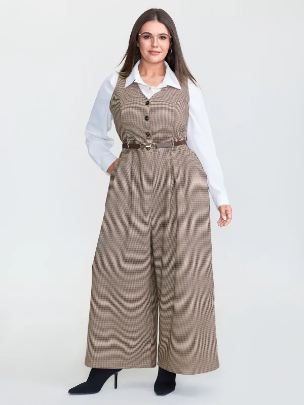 Houndstooth Button Sleeveless Jumpsuit sold by Bloomchic