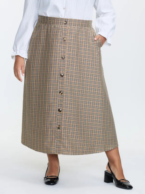 Retro Check Pattern Button Decor Midi Skirt sold by Bloomchic