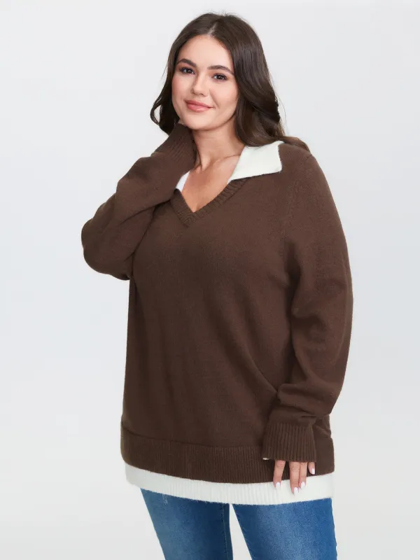 Color Contrast Collar Ribbed Hem Pullover sold by Bloomchic