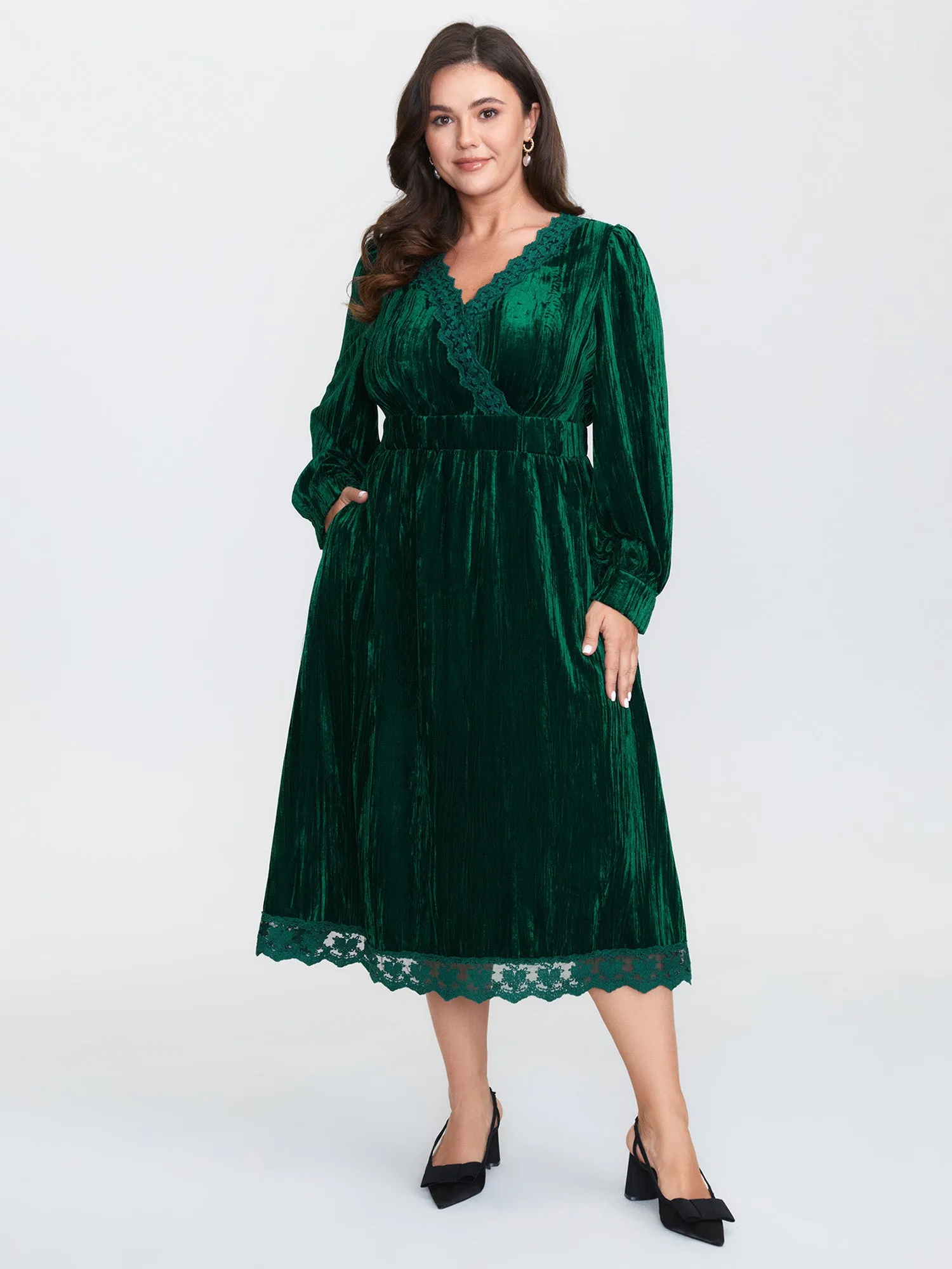 Luxe Textured Velvet Lace Trim Midi Dress sold by Bloomchic