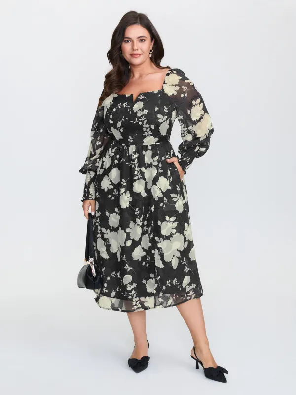 Silhouette Flower Print Shirred Pockets Midi Dress sold by Bloomchic
