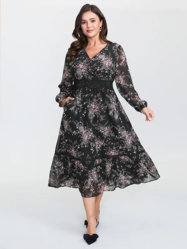 Soft Floral Print Lace Trim Midi Dress sold by Bloomchic