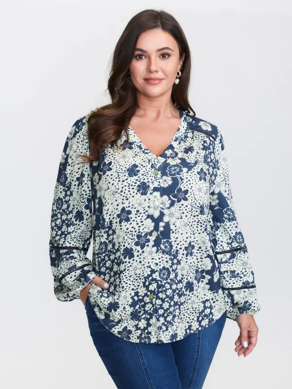 Monochrome Floral Print Ruffled Button-Down Shirt sold by Bloomchic