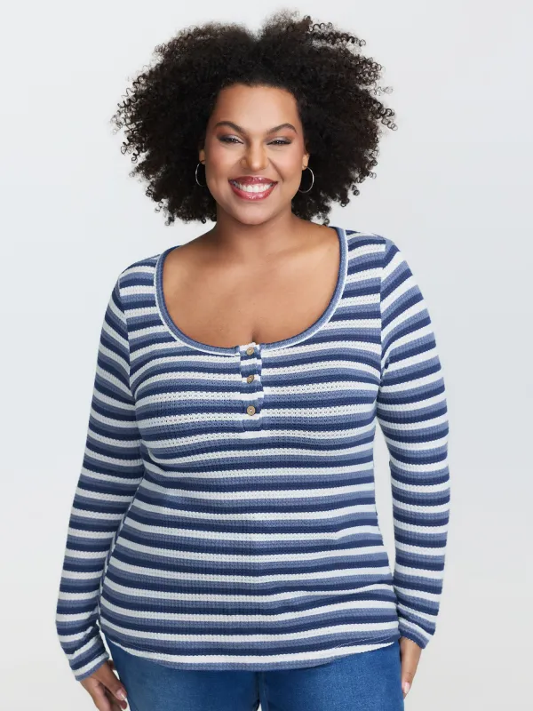 Striped Button Placket Fitted T-Shirt sold by Bloomchic