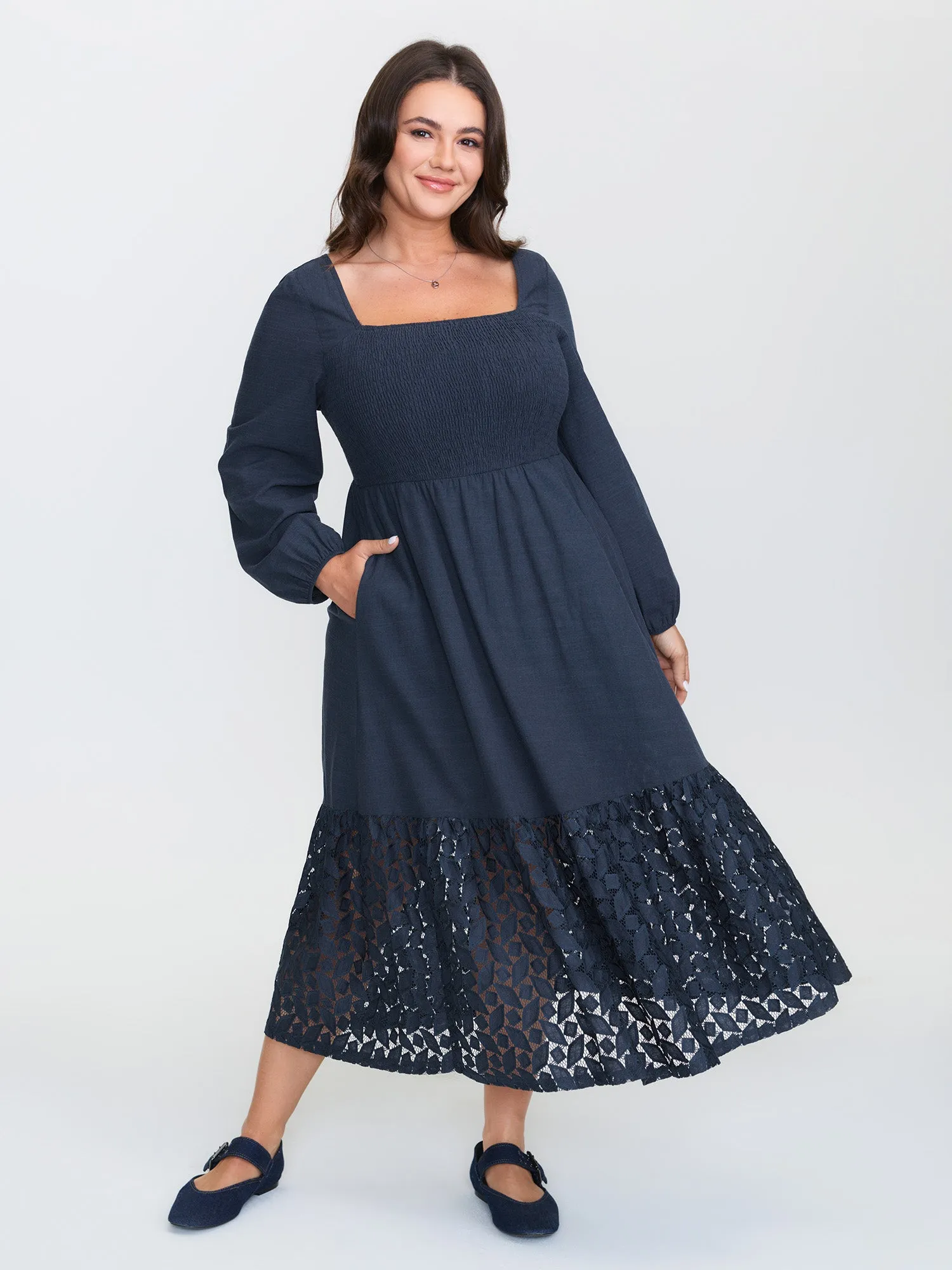 Floral Lace Cut-Out Shirred Midi Dress sold by Bloomchic