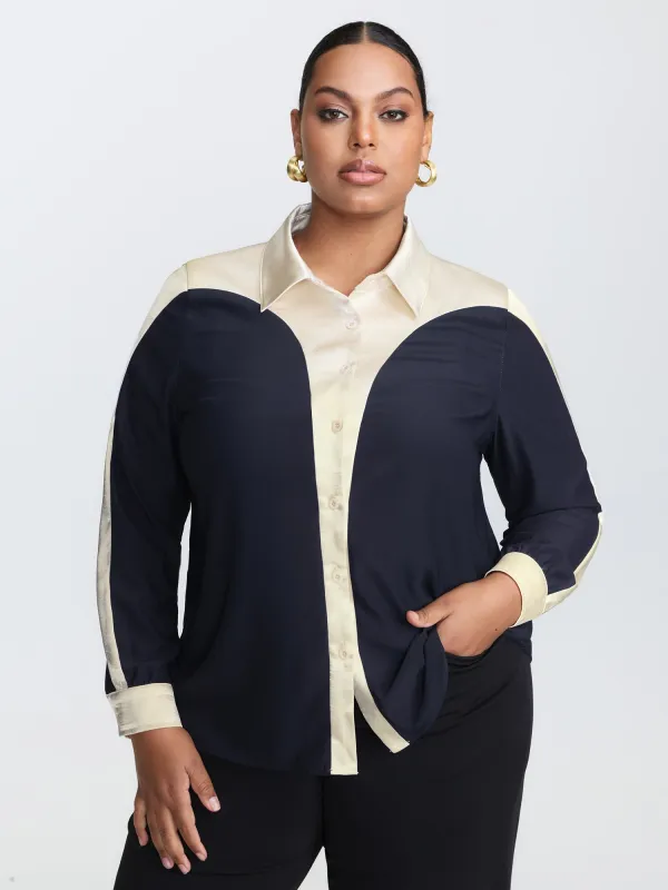 Contrast Material Button-Down Blouse sold by Bloomchic