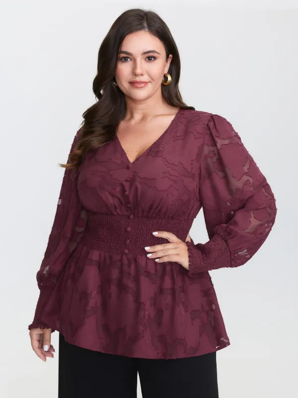 Laser Cut Shirred Waist Button Blouse sold by Bloomchic