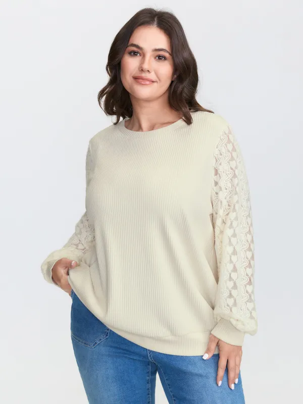 Lace Contrast Sleeve Ribbed Sweatshirt sold by Bloomchic