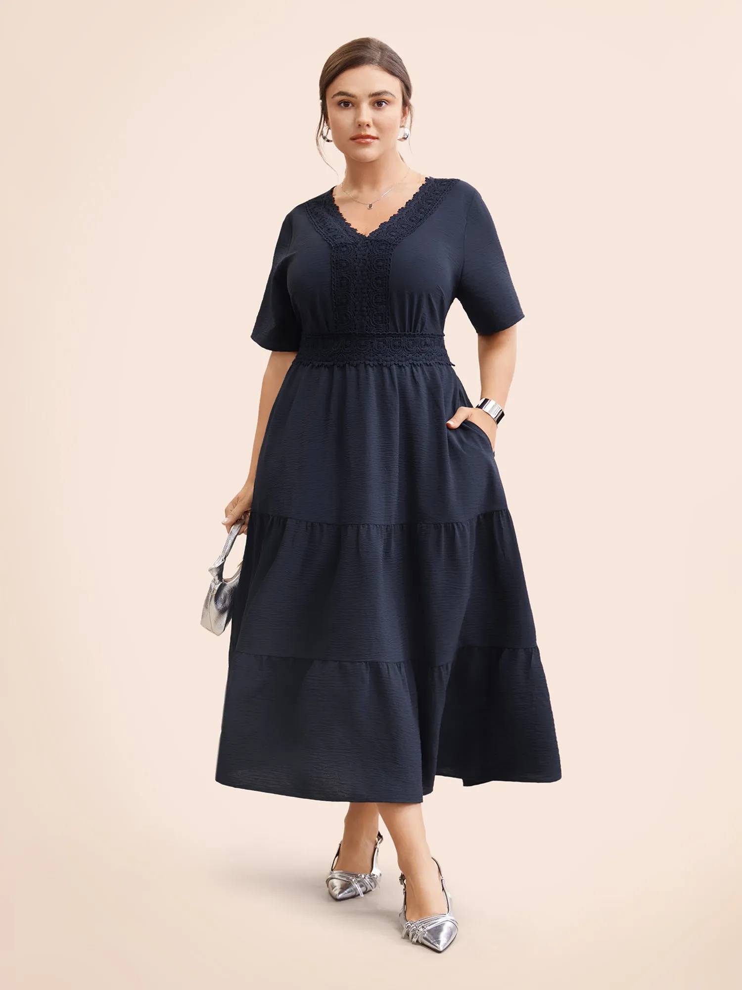 V Neck Woven Ribbon Ruffle Layered Hem Dress sold by Bloomchic product image thumbnail 3