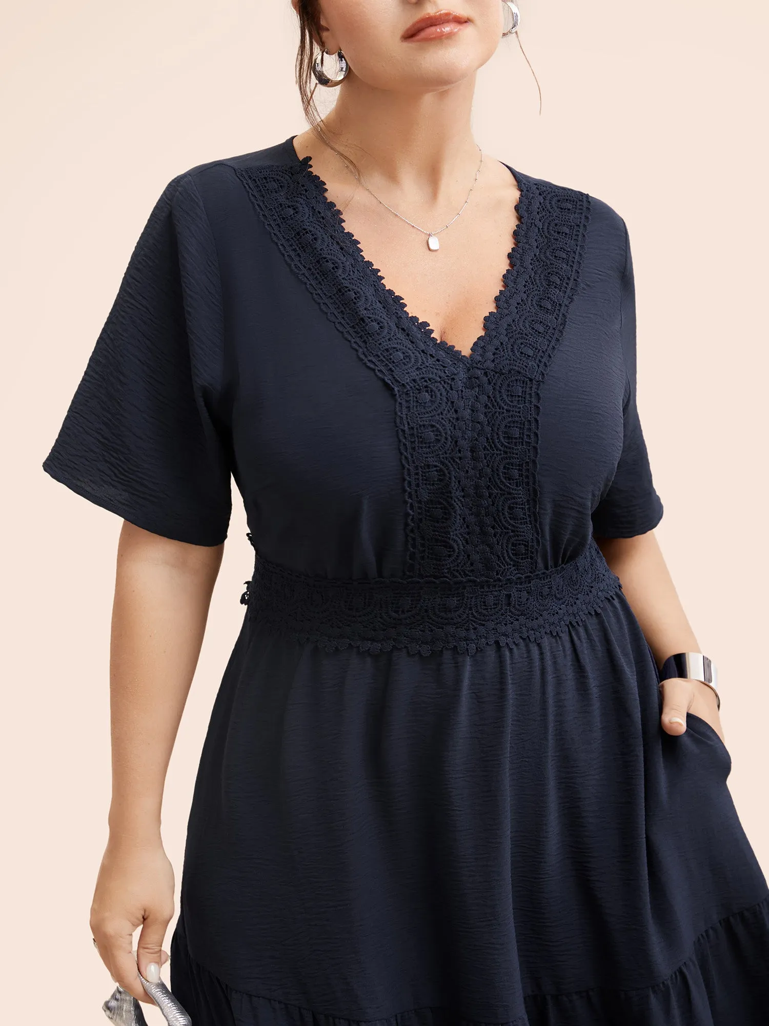 V Neck Woven Ribbon Ruffle Layered Hem Dress sold by Bloomchic product image thumbnail 2