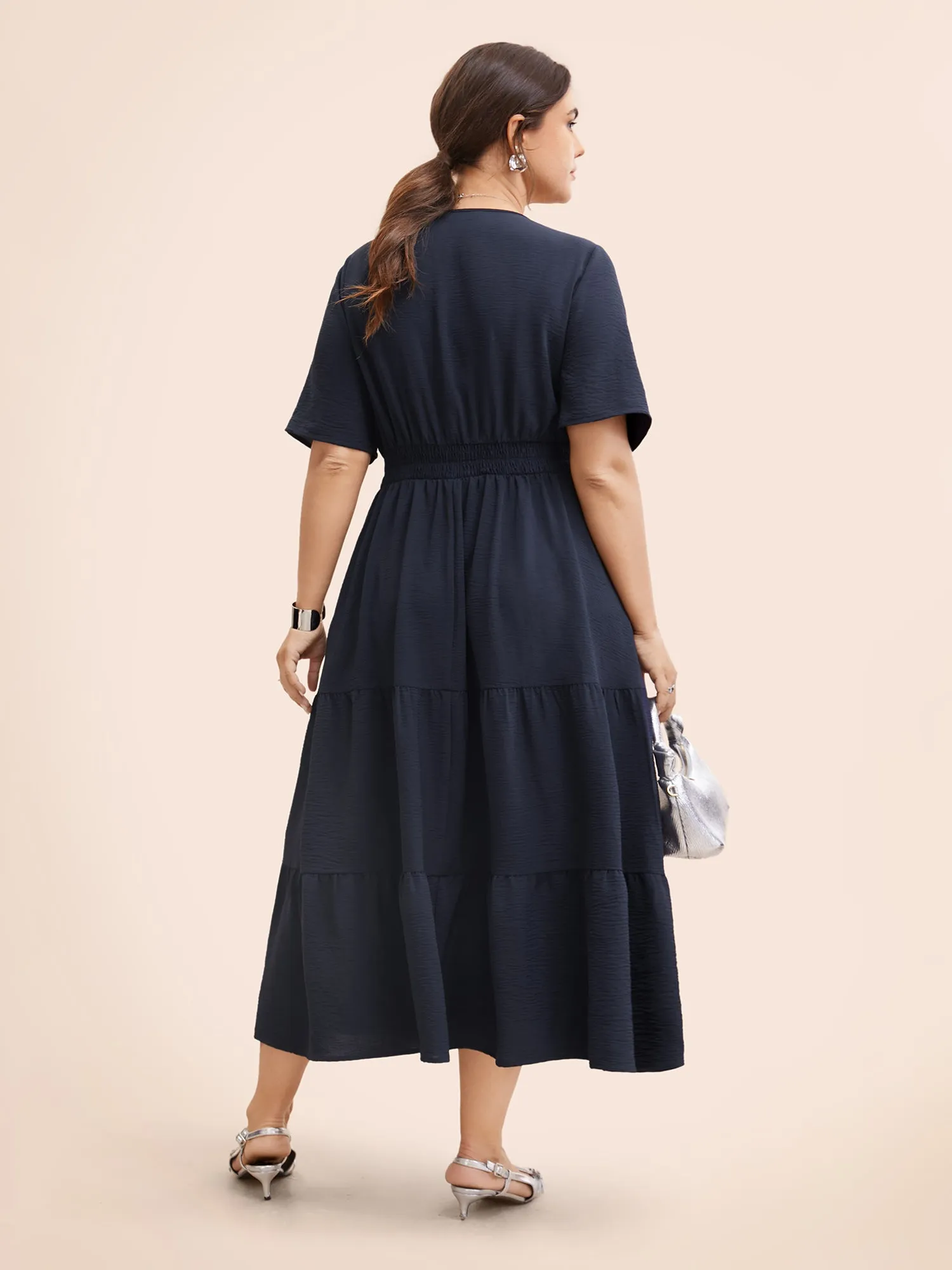 V Neck Woven Ribbon Ruffle Layered Hem Dress sold by Bloomchic product image thumbnail 4