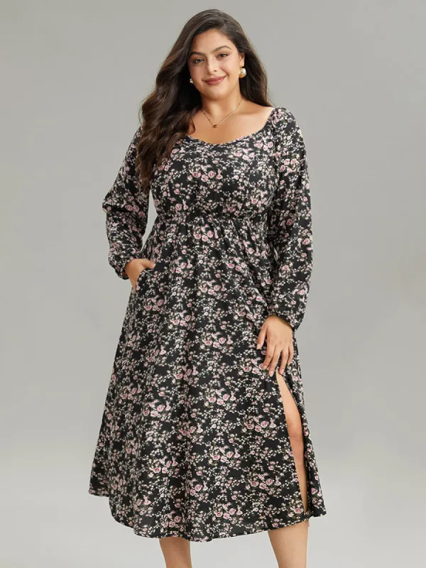 Ditsy Floral Pocket Plicated Detail Split Side Dress sold by Bloomchic