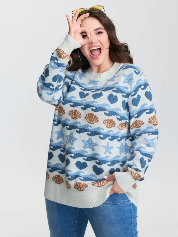 Ocean Pattern Jacquard Ribbed Hem Pullover sold by Bloomchic