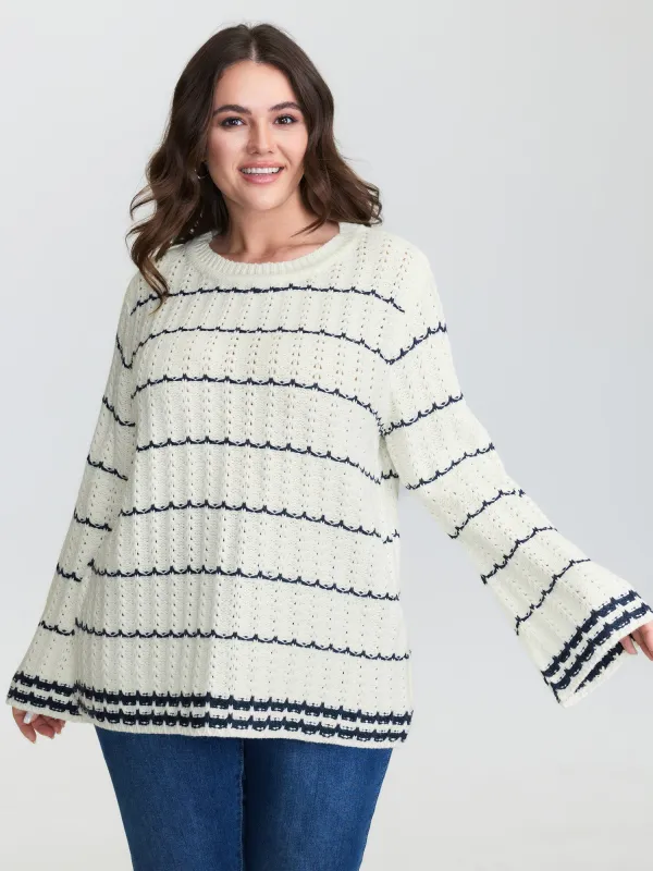 Textured Color Stripe Flared Sleeve Pullover sold by Bloomchic