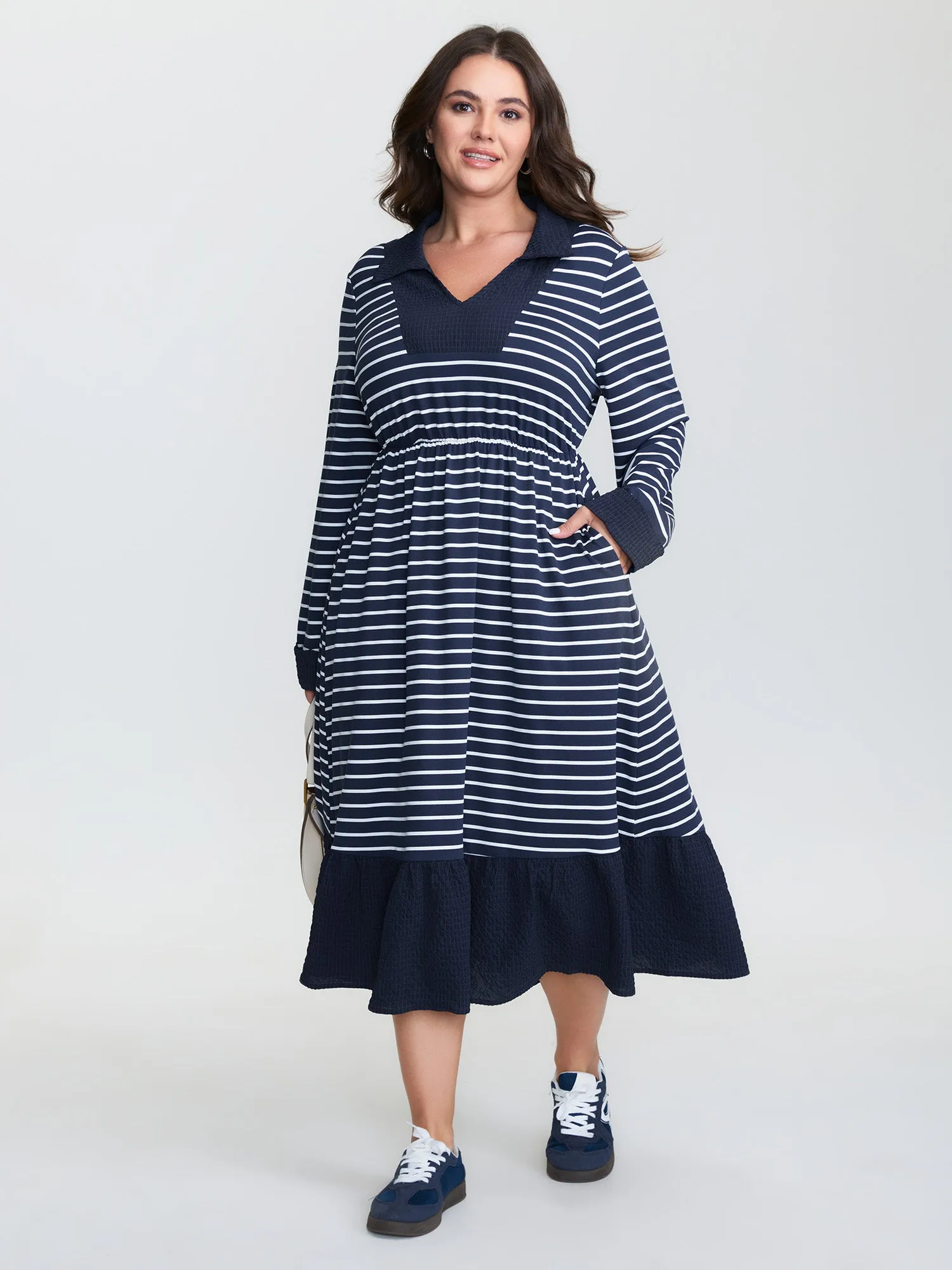 Striped Color Contrast Textured Midi Dress sold by Bloomchic