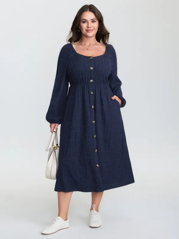 Textured Stretchy Waist Button Detail Midi Dress sold by Bloomchic