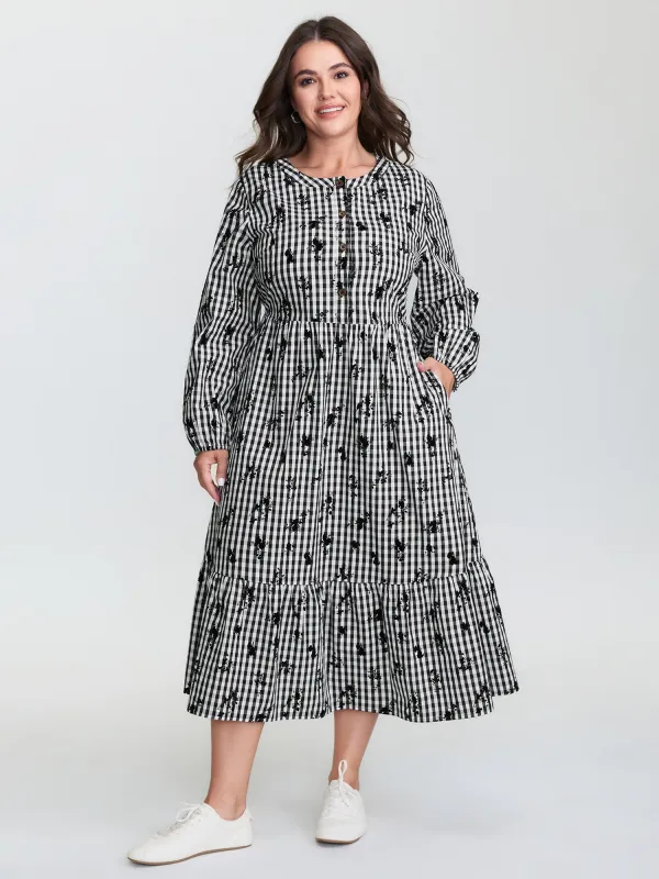 Cotton Checkered Floral Print Buttons Midi Dress sold by Bloomchic