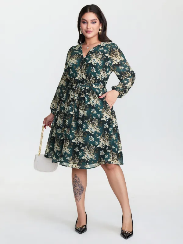 Chiffon Floral Surplice Neck Belt Midi Dress sold by Bloomchic