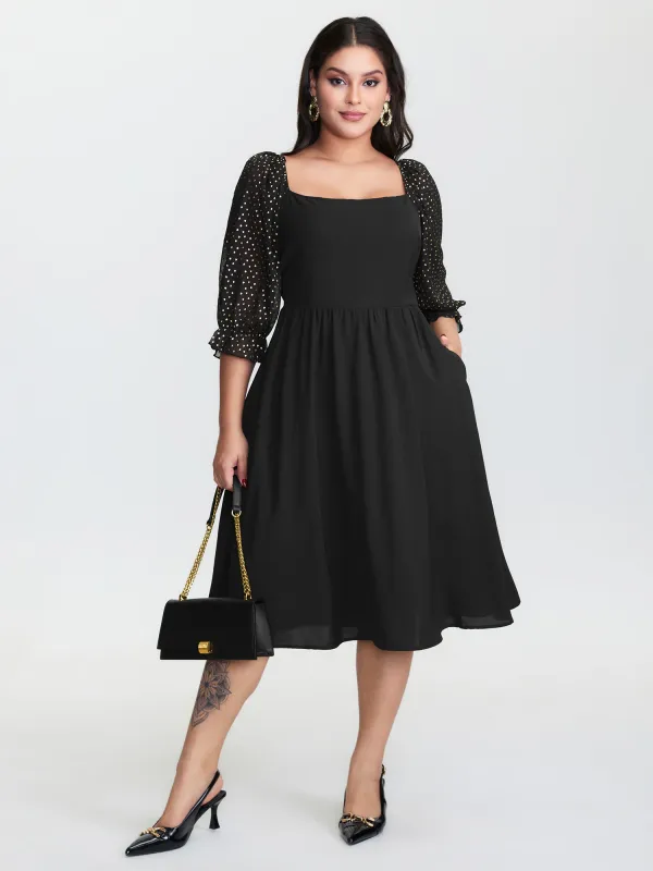 Sheer Sleeve Shirred Stretchy Waist Midi Dress sold by Bloomchic
