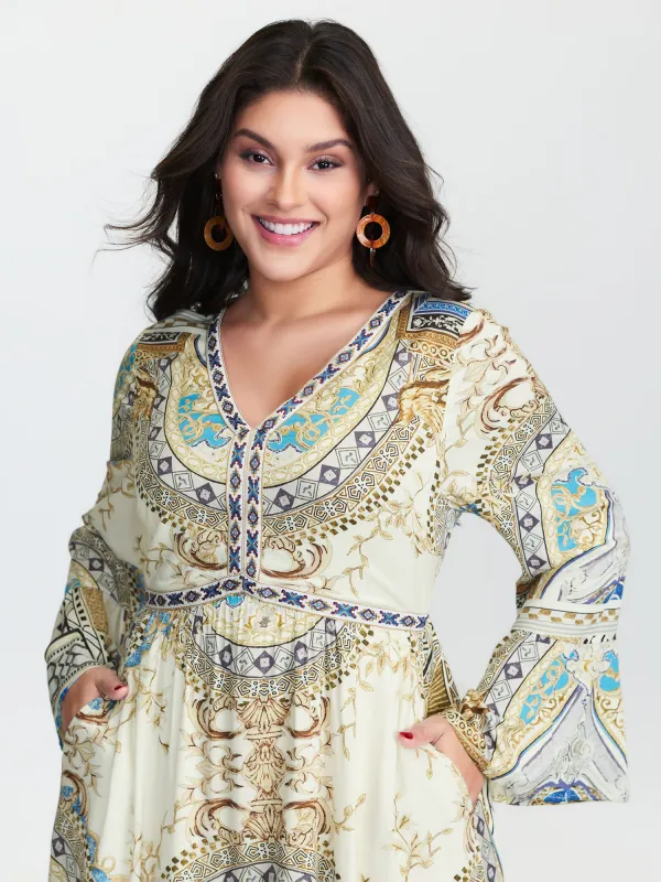 Boho Print Webbing Trim V-Neck Maxi Dress made by Bloomchic