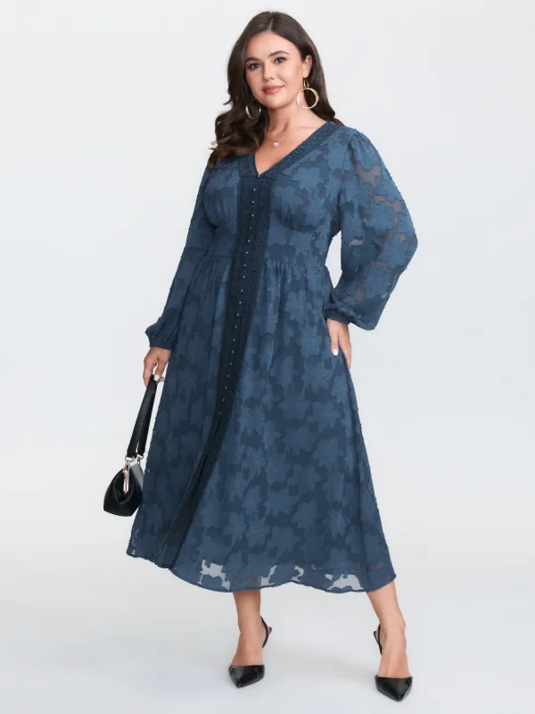 Laser Cut Lace Trim Layered Pockets Midi Dress made by Bloomchic