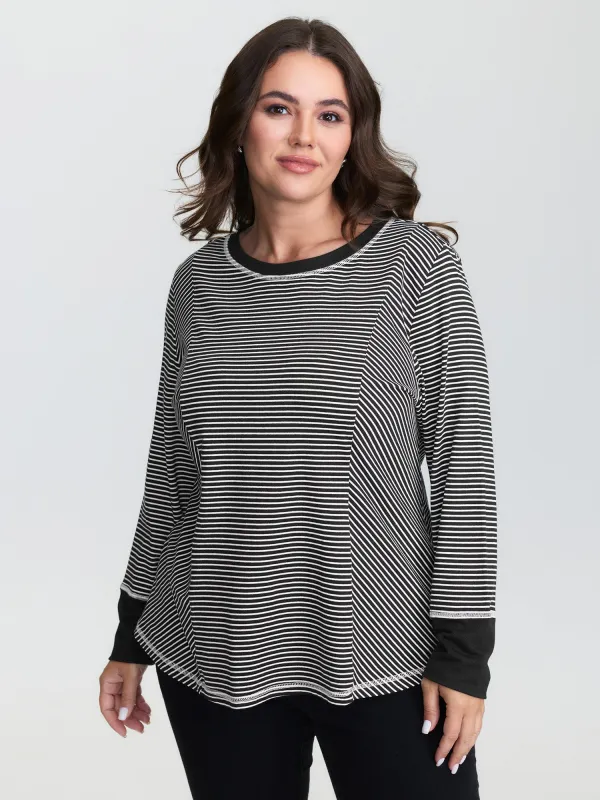 Striped Color Contrast Round Neck T-Shirt sold by Bloomchic