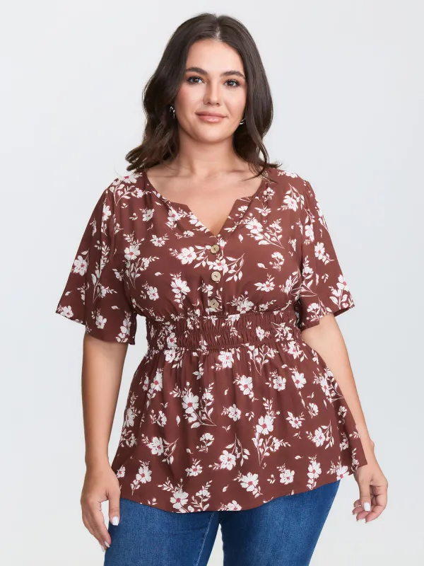Floral Print Cinched Flared Blouse sold by Bloomchic