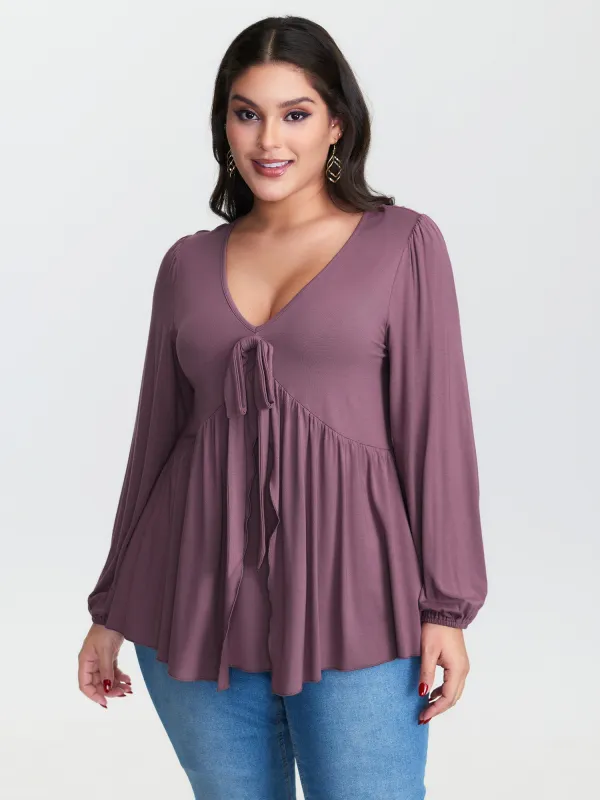 Stretchy Waistband Tie-Front Ruffled Knit Top sold by Bloomchic