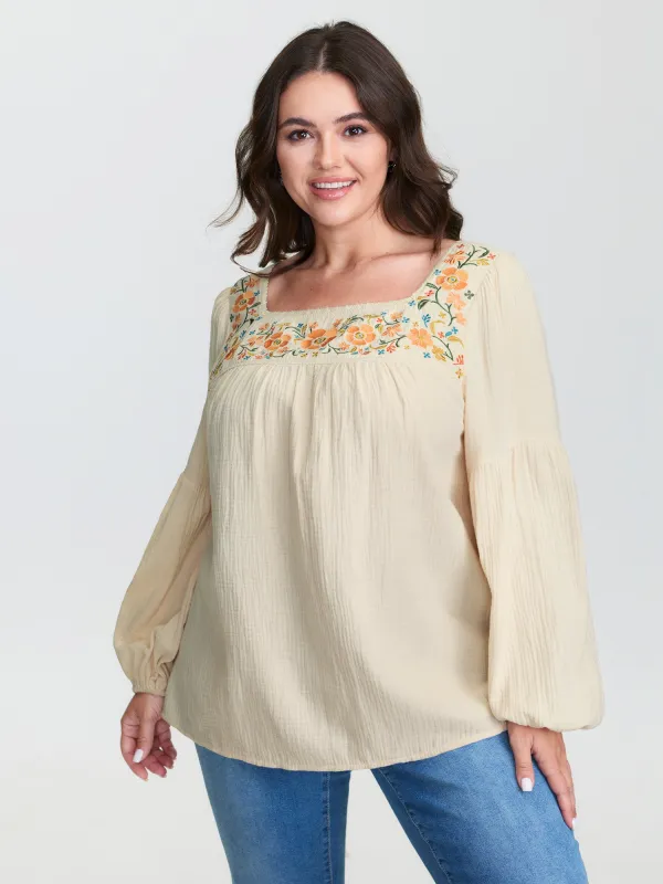 Floral Embroidery Square Neck Blouse sold by Bloomchic
