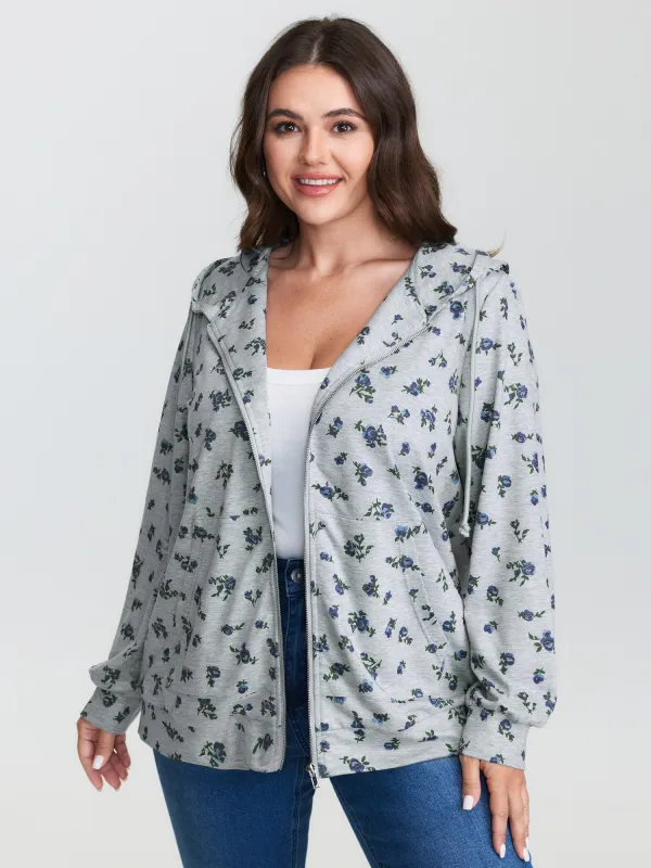 Floral Print Zipper Hoodie sold by Bloomchic