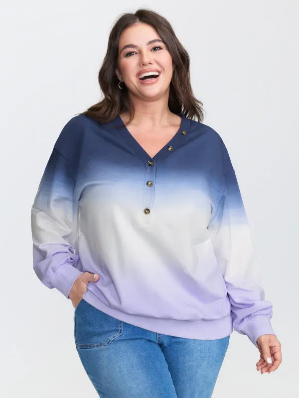 Color Gradient Ribbed Hem Button Sweatshirt sold by Bloomchic