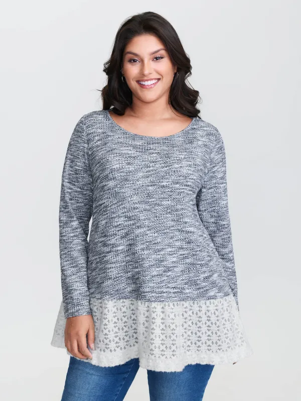 Plain Layered Lace Hem Knit Top sold by Bloomchic