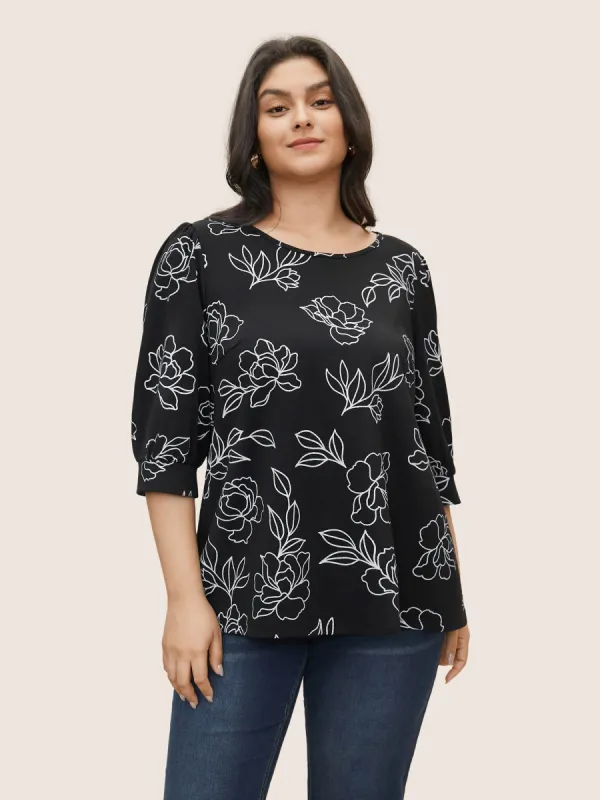 Floral Print Crew Neck Lantern Sleeve T-shirt sold by Bloomchic