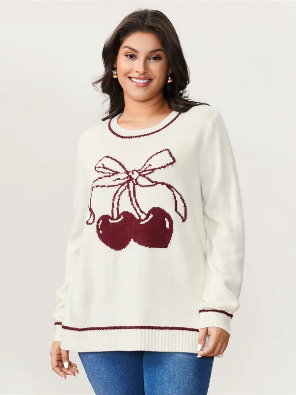 Cherry Pattern Jacquard Color Contrast Pullover sold by Bloomchic