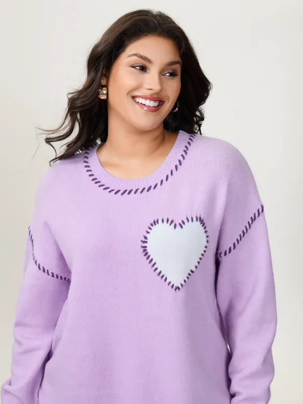Heart Pattern Jacquard Color Contrast Stitch Pullover sold by Bloomchic