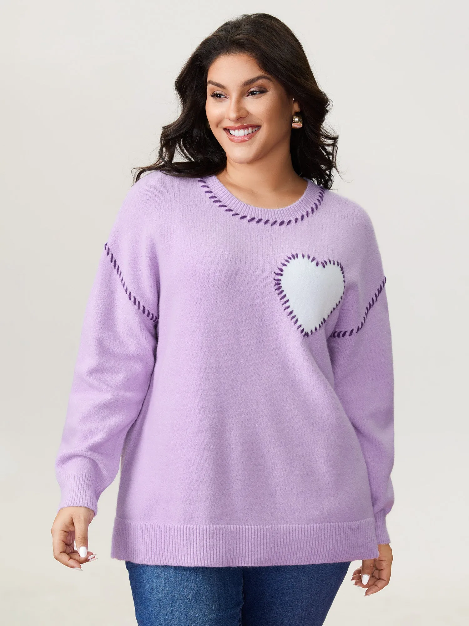 Heart Pattern Jacquard Color Contrast Stitch Pullover sold by Bloomchic product image thumbnail 2