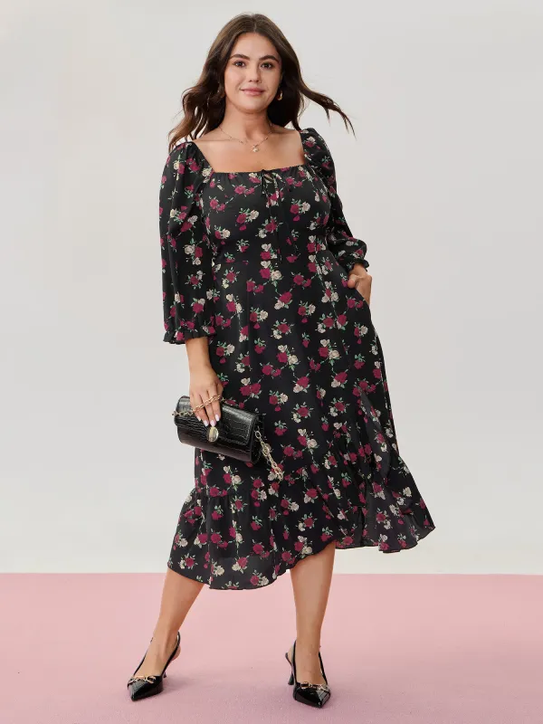 Colorful Rose Pattern Drawstring Neckline Midi Dress sold by Bloomchic