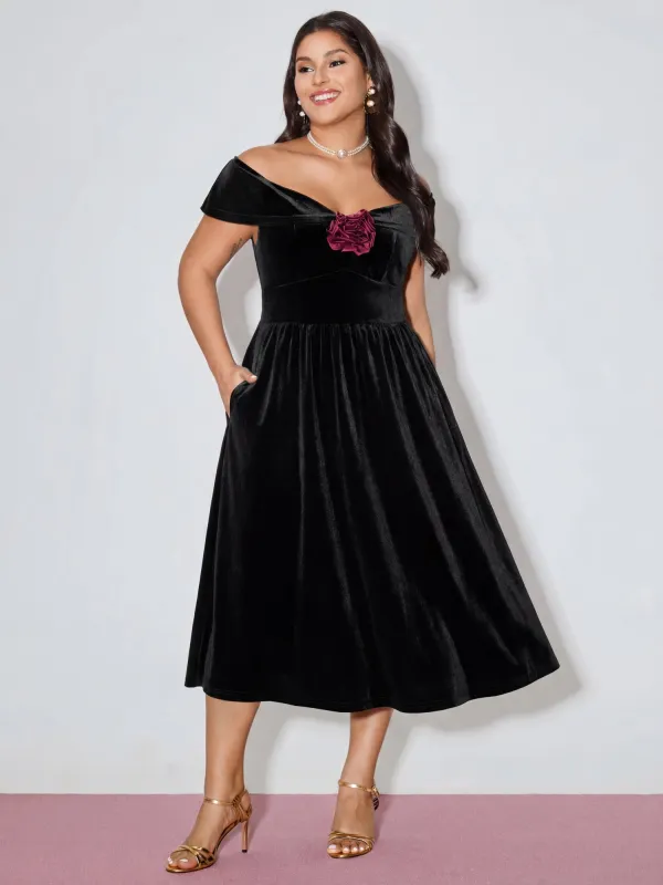 Off-Shoulder 3D Floral Detail Midi Dress made by Bloomchic