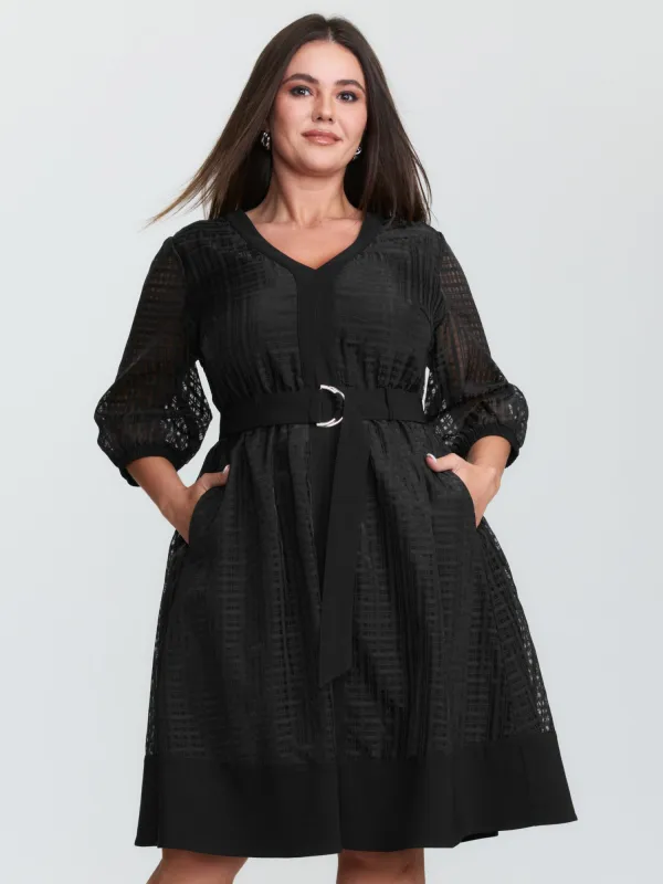 Grid Print Buckle Belt Contrast Midi Dress sold by Bloomchic