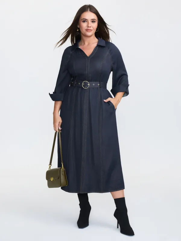 Wide Waist Belt Denim Midi Dress made by Bloomchic