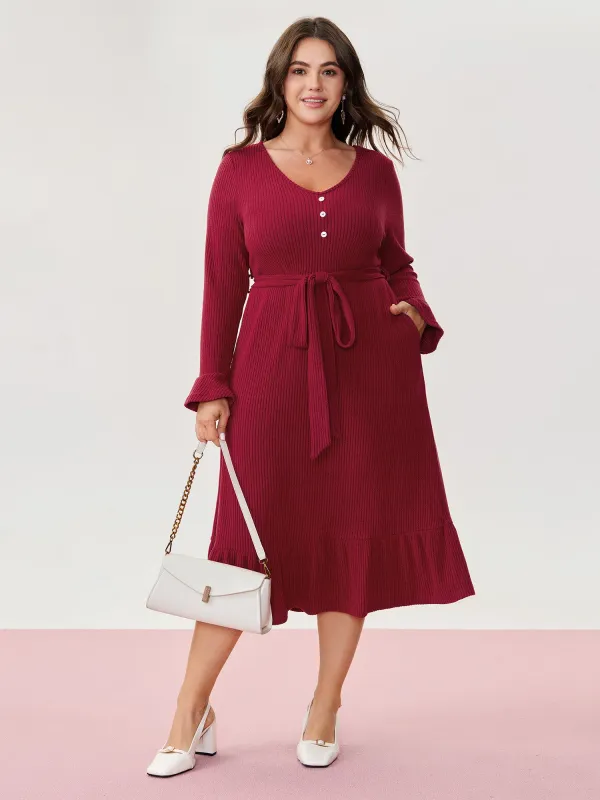 Textured Belted Waist Button Midi Dress made by Bloomchic