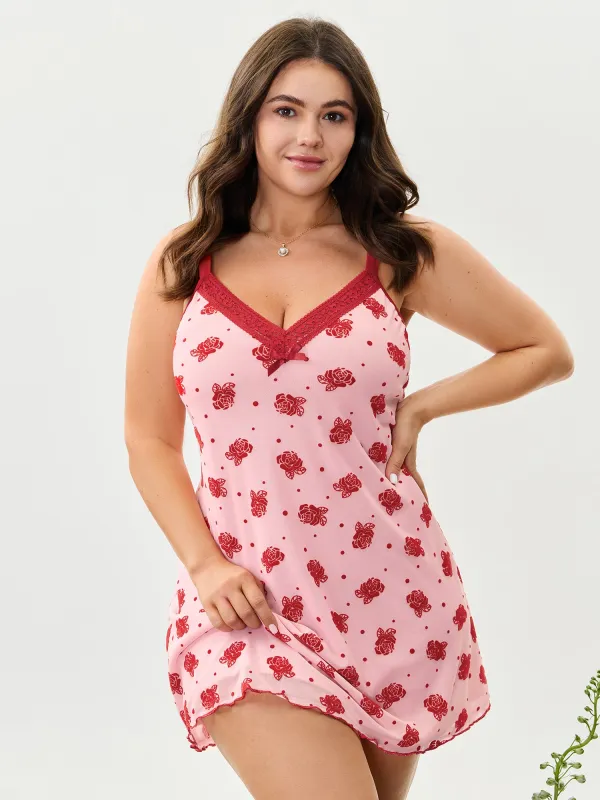 Rose Pattern Color Contrast Flocked Sleep Dress sold by Bloomchic