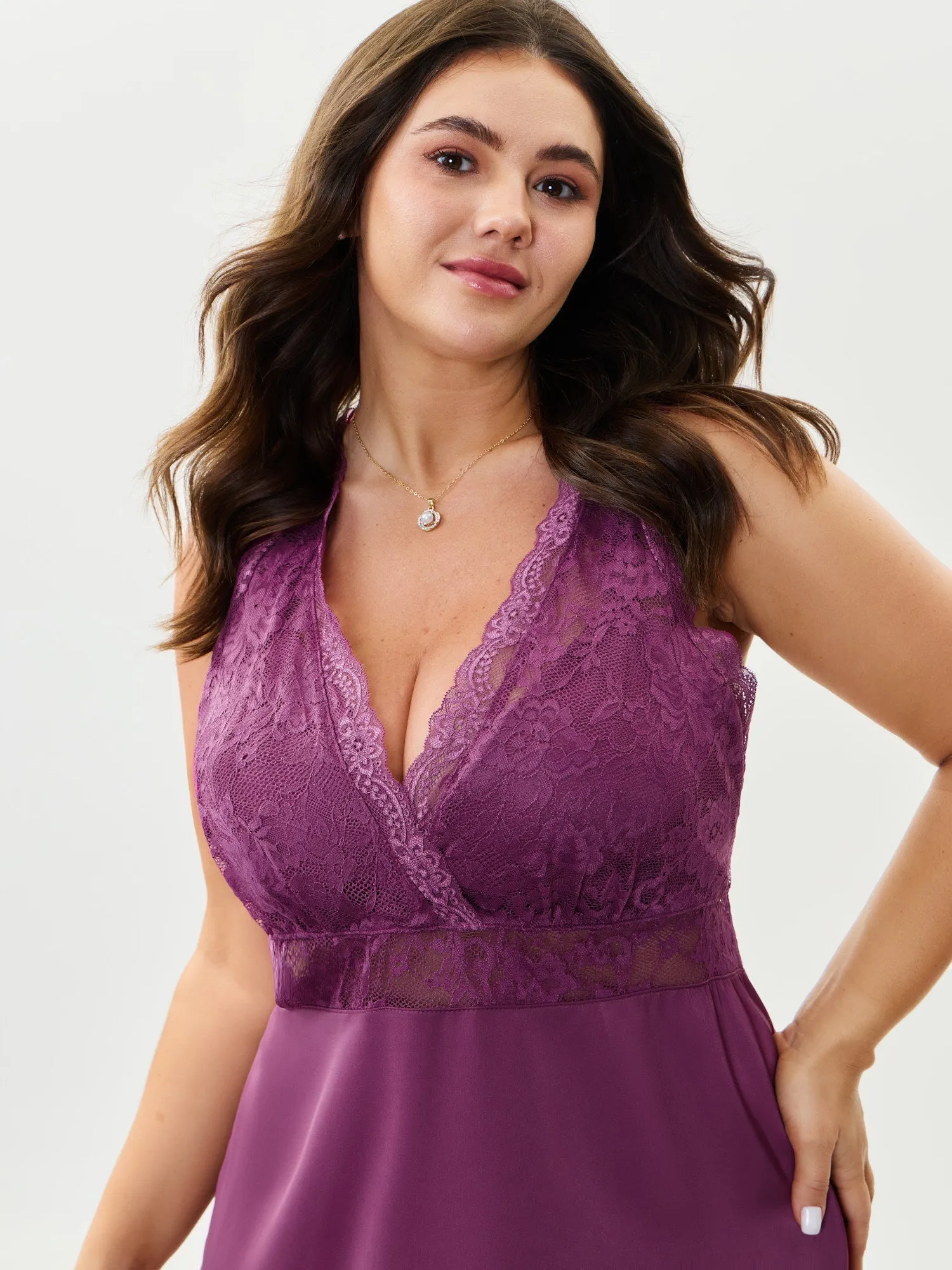 Satin Sheer Lace V-Neck Sleep Dress sold by Bloomchic product image thumbnail 3