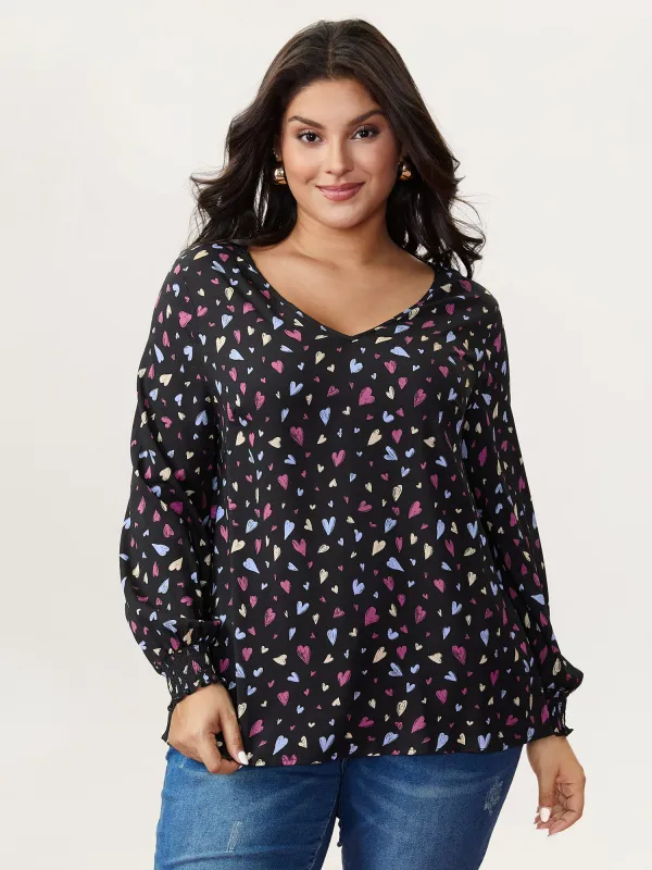 Colorful Heart Print V-Neck Blouse sold by Bloomchic