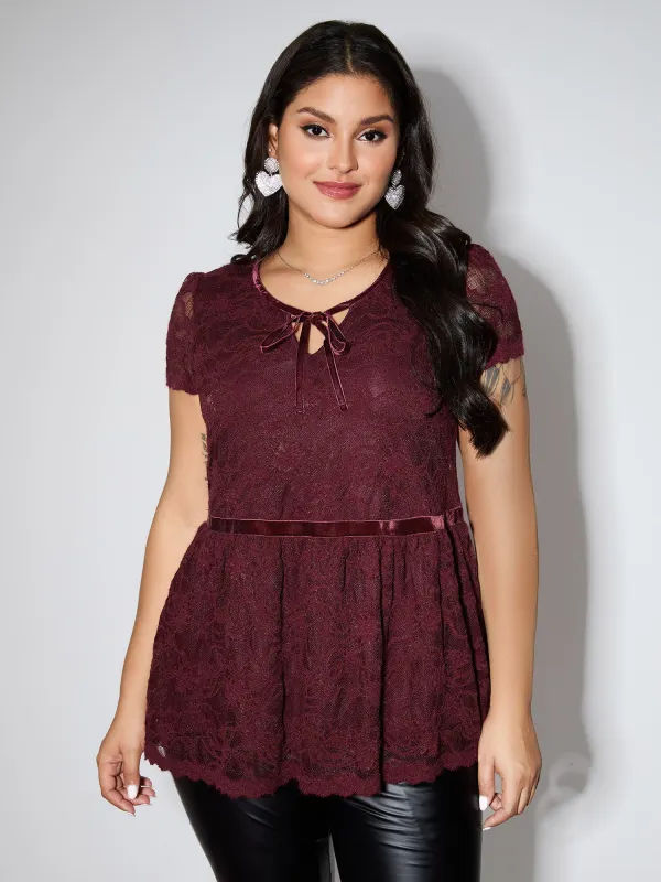 Textured Neck-Tie Cinched-Flared Blouse sold by Bloomchic