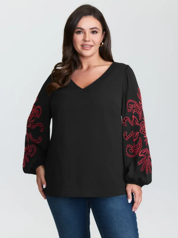 Cut-Out Embroidered Sleeve Blouse sold by Bloomchic