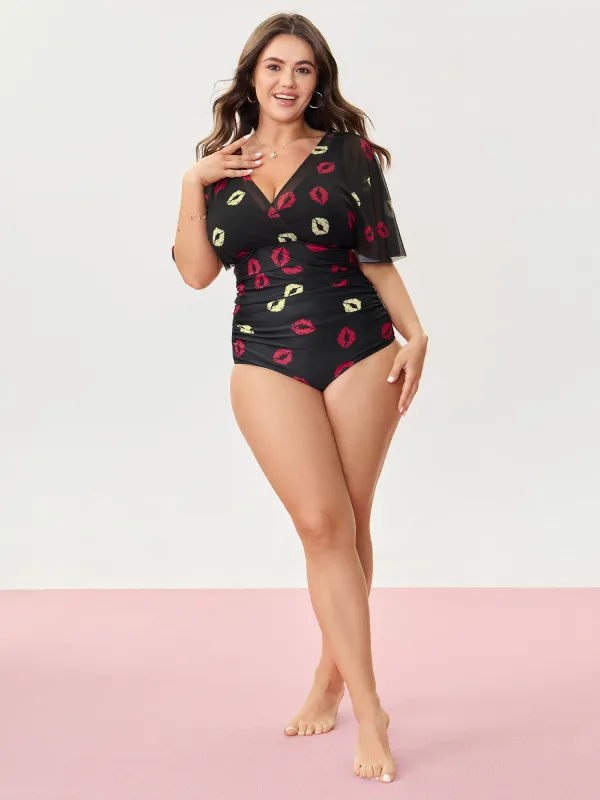 Mesh Lip Pattern Ruched One-Piece Swimsuit sold by Bloomchic
